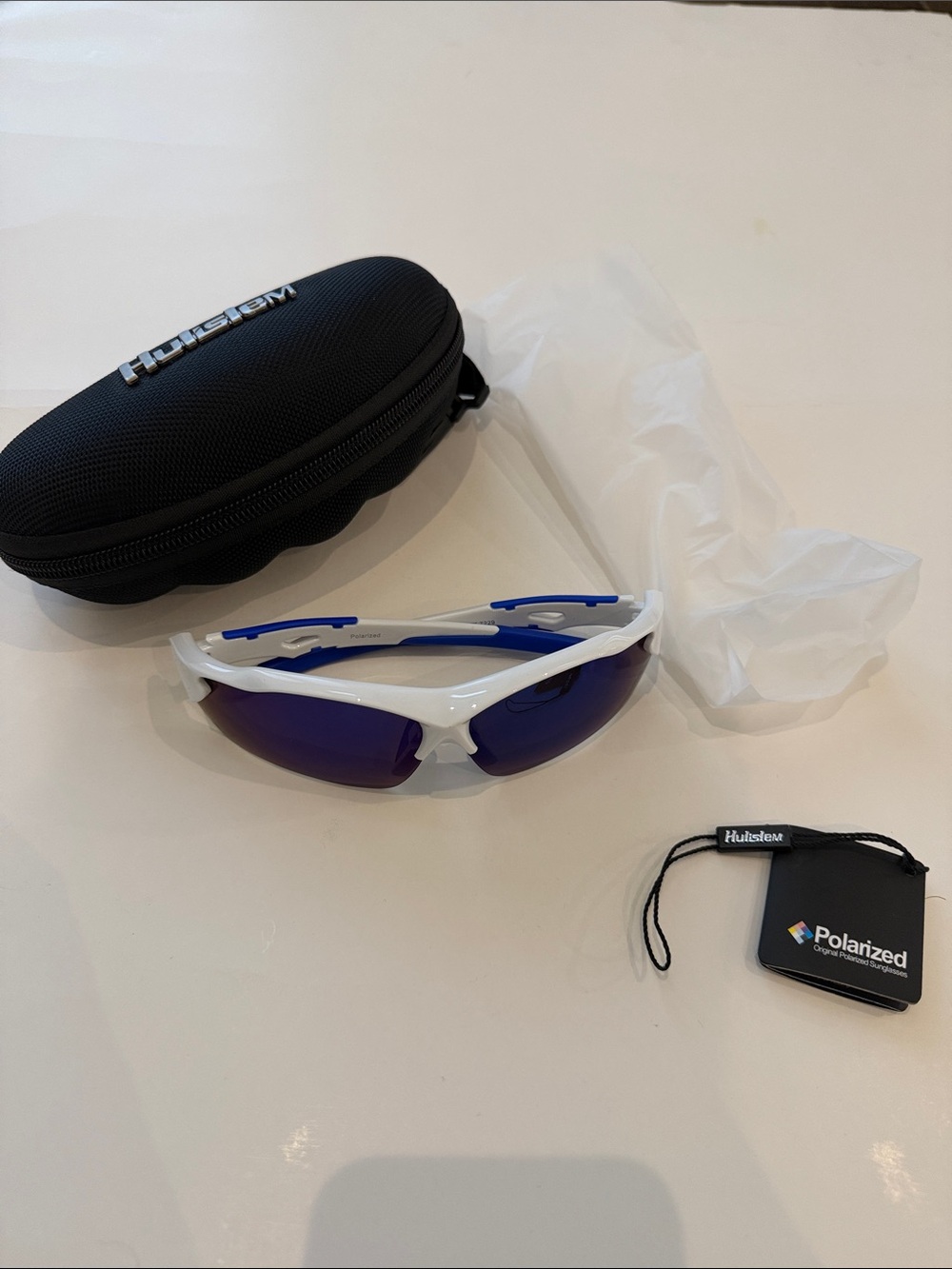 White Sports Sunglasses with Blue Polarized Lenses
